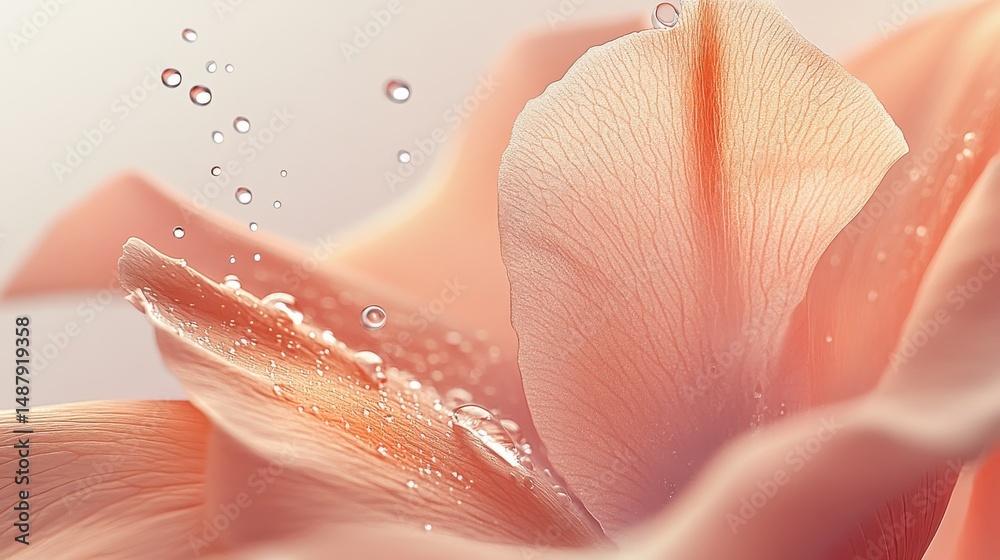 Poster close-up of delicate peach-colored flower petals with water droplets, showcasing intricate texture a