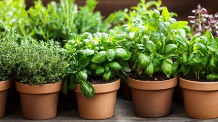 Fototapeta premium Fresh herbs in terracotta pots on wooden shelf, garden backdrop