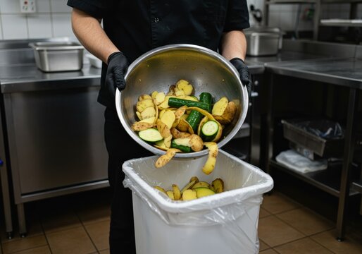 A chef disposes of potato and cucumber scraps into a trash bin in a commercial kitchen setting. - Powered by Adobe
