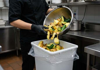 A chef in a kitchen disposes of vegetable waste into a bin, promoting environmental responsibility.