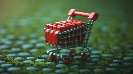 Red shopping cart filled with cubes on green textured surface