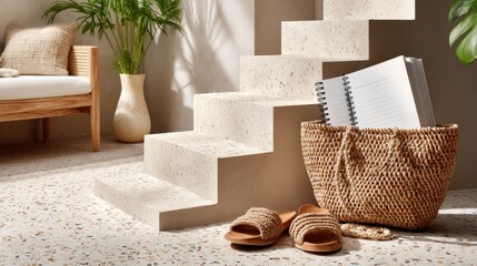 Beige interior with woven bag and sandals on stairs