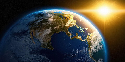 Fototapeta premium View of Earth from space, sunrise on the horizon