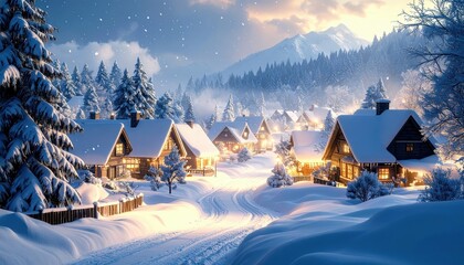 Fototapeta premium Hyperrealistic Winter Scene of Small Town Buried in Deep Snow