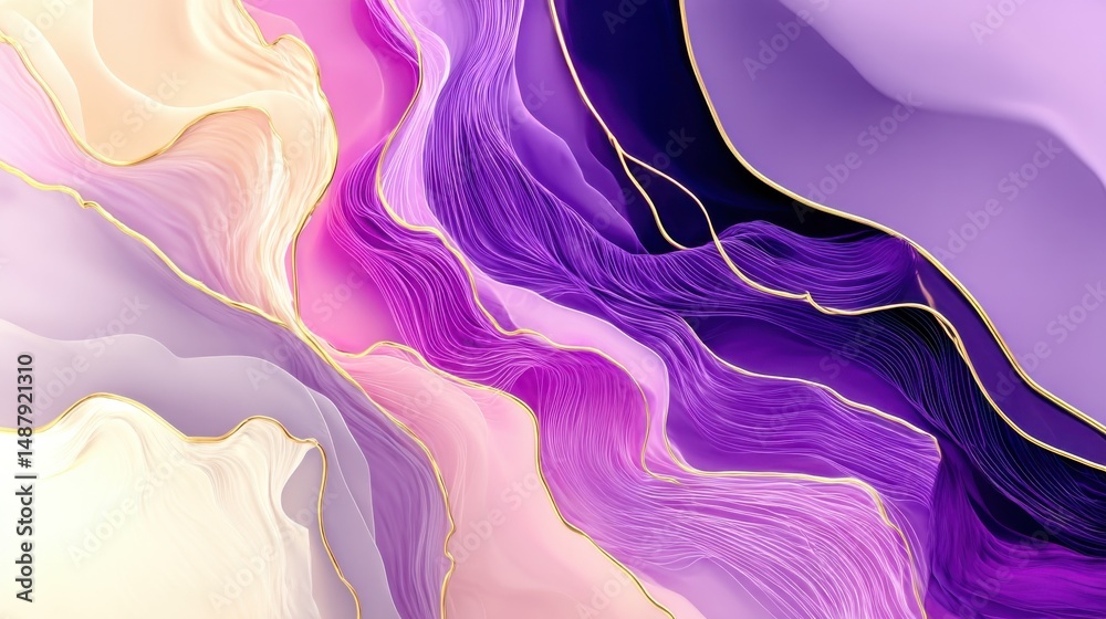Poster abstract purple, pink, and gold fluid art painting with elegant flowing lines and layered textures, 
