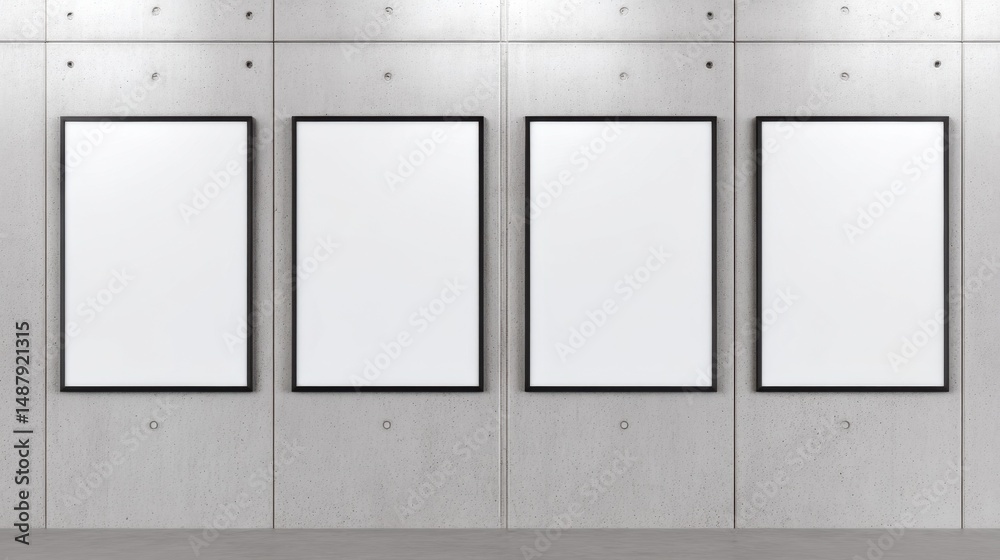 Aufkleber four blank vertical frames on a grey concrete wall, ideal for mockup or presentation. modern minimal