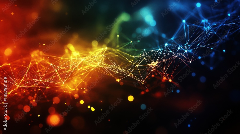 Poster Abstract network connection, vibrant orange, blue, and green nodes linked by glowing lines, creating a dynamic digital landscape. : Generative AI
