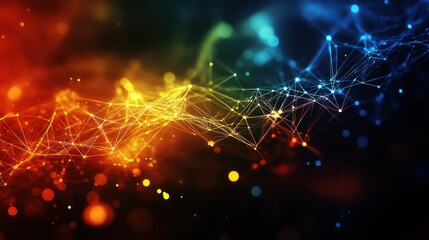 Obraz premium Abstract network connection, vibrant orange, blue, and green nodes linked by glowing lines, creating a dynamic digital landscape. : Generative AI