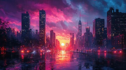 Obraz premium Pixel art city sunset with pink and purple skyscrapers reflected on wet street, vibrant retro style digital urban landscape illustration