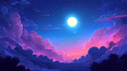 Fototapeta premium Night sky, full moon, colorful clouds, fantasy landscape, game background