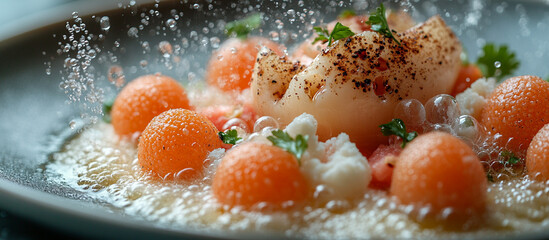 Splashed melon, cauliflower, pear dish