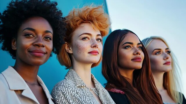 A group of four women with different hair types and colors stand side by side, showcasing unique styles against a vibrant background in an urban area