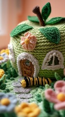 Fototapeta premium Adorable crocheted apple house in a whimsical garden setting, featuring a tiny crocheted bee and colorful flowers, perfect for children's room decor or nursery. : Generative AI