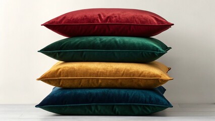 Obraz premium A stack of four rectangular pillows in rich velvet fabric, showcasing a gradient of colors from top to bottom: golden yellow, deep green, teal, and dark red, symbolizing luxury, texture