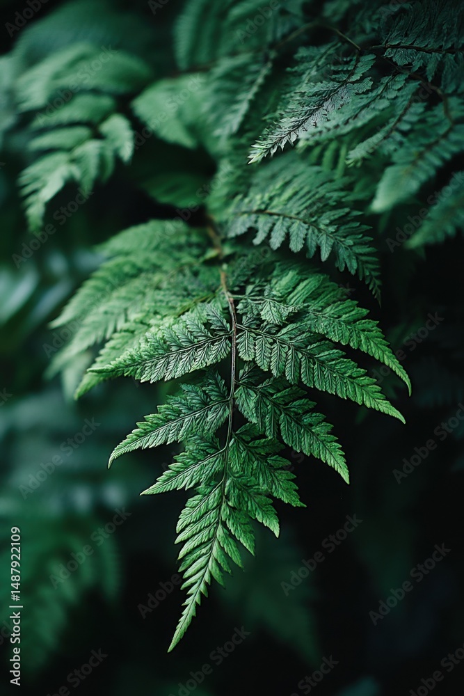 Poster close-up view of a vibrant green fern frond, showcasing intricate details of its leaflets and textur