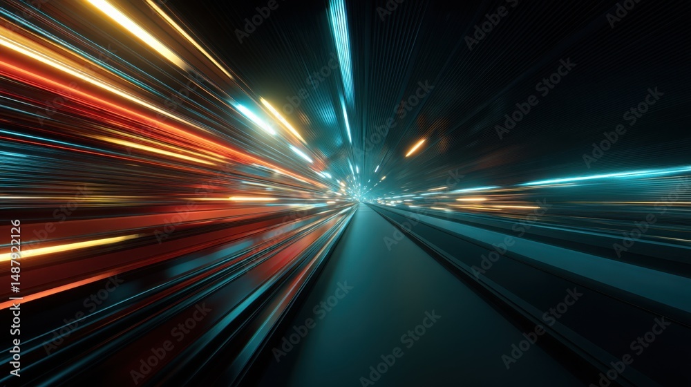 Poster abstract futuristic tunnel with vibrant orange and teal light streaks, representing high-speed movem