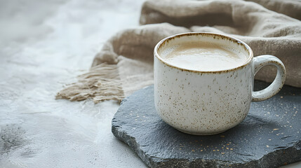 Warm light flat lay of coffee mug in cozy caf lifestyle branding scene stone texture environment