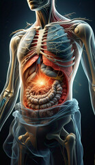 Medical illustration of an intra-abdominal abscess, showing a localized pus-filled pocket within the abdominal cavity, surrounded by inflamed tissues, intestines partially visible.