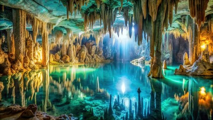 Naklejka premium Luminous cave lake with towering stalactites and stalagmites, reflecting soft blue-green hues of water and light