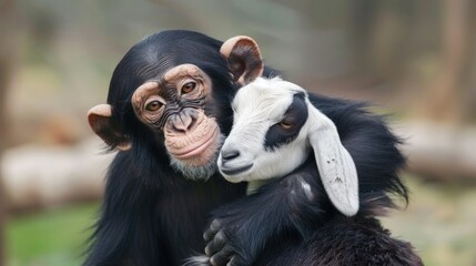 Animal friendship concept: monkey hugging a goat stock photo --ar 16:9 --raw --v 6 Job ID: ce4bb658-00c4-4ec0-a033-dcdbc73b76a2