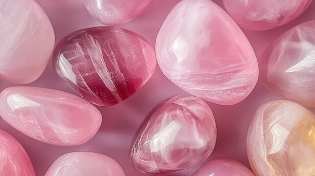 Close-up view of tumbled pink gemstones, showcasing their smooth surfaces and subtle variations in color and translucency.  The soft pink hues create a calming and serene aesthetic. : Generative AI
