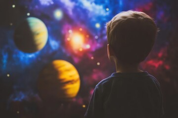 Naklejka premium A Child Gazes at a Cosmic Wonderland Filled with Colorful Planets and Celestial Wonders in a Stunning Starry Sky
