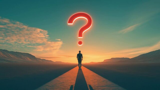 A silhouette of an individual walking on a path towards a glowing question mark, set against a colorful sunset and mountainous terrain