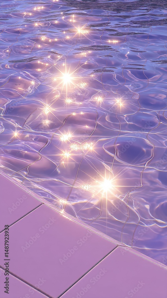 Poster shimmering purple pool water with sparkling light reflections, creating a serene and dreamy atmosphe