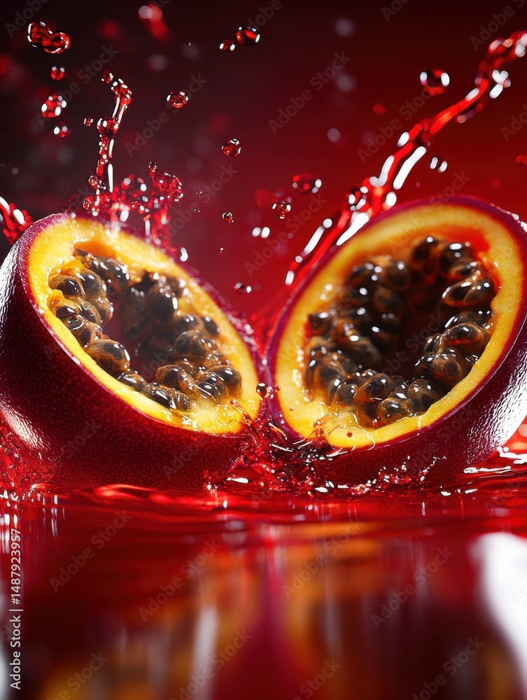 Poster Two halves of a passion fruit splashing into a vibrant red liquid, creating a dynamic and colorful scene. The seeds are visible, and the juice is bursting with energy. : Generative AI