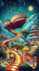 Fototapeta premium A whimsical scene featuring a giant open book with a winding path leading to a magical city at night