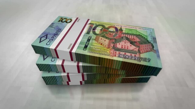 Belarus money Belarusian rubel pile pack. Concept background of economy, banking, business, crisis, recession, debt and finance. 100 BYN banknotes stacks 3d.