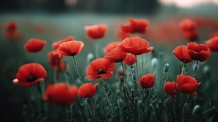 Fototapeta premium A vibrant field of red poppies swaying gently in the summer breeze, their delicate petals catching the sunlight, creating a breathtaking natural scene. : Generative AI
