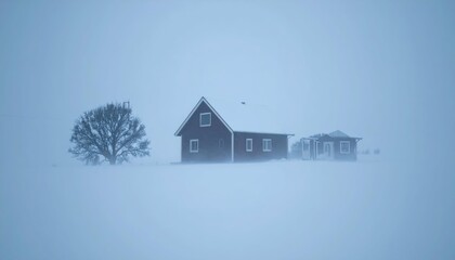 Isolated House in Blizzard with Dramatic Lighting and Symbolism