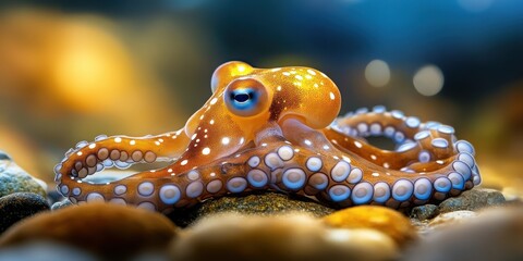 A vibrant, orange octopus with white spots rests on smooth, dark stones. Its blue eyes and detailed suckers are clearly visible, creating a captivating underwater scene. : Generative AI