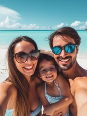 Happy family selfie on a tropical beach, parents and daughter smiling, wearing sunglasses, summer vacation. : Generative AI
