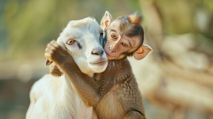 Animal friendship concept: monkey hugging a goat stock photo --ar 16:9 --raw --v 6 Job ID: ce4bb658-00c4-4ec0-a033-dcdbc73b76a2