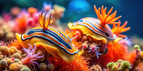 Vibrant nudibranchs in shades of orange and yellow swim among coral formations in a vibrant sea scene