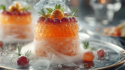 Smoky salmon roe appetizer on plate, fine dining background