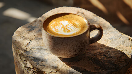 Warm light coffee flat lay in a cozy caf lifestyle branding scene on stone table