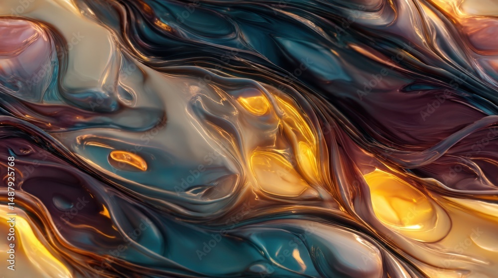 Poster Abstract swirling metallic paint texture with gold, teal, and purple hues creating a dynamic, luxurious, and visually captivating design. : Generative AI