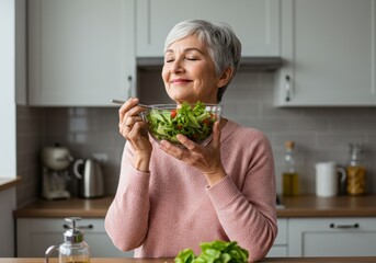 An older woman smelling and savoring a fresh salad in her bright, well-lit kitchen