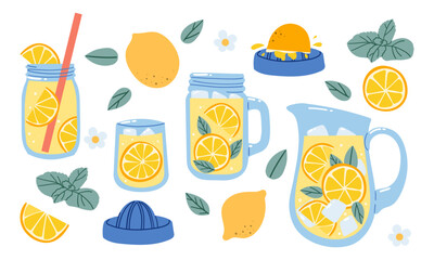 Homemade lemonade set. Fresh juicy lemon drinks and fruits. Tropic summer mint cocktails. Hand drawn vector illustration isolated on white background