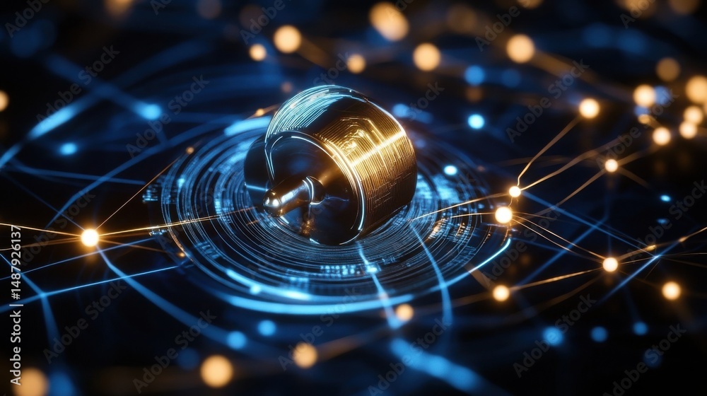 Poster Futuristic spinning top on a glowing, circular digital interface with a network of interconnected nodes, showcasing technological advancement and innovation. : Generative AI