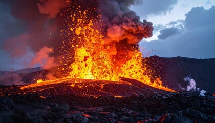 Massive Volcano Erupting with Lava and Ash in Dramatic Lighting