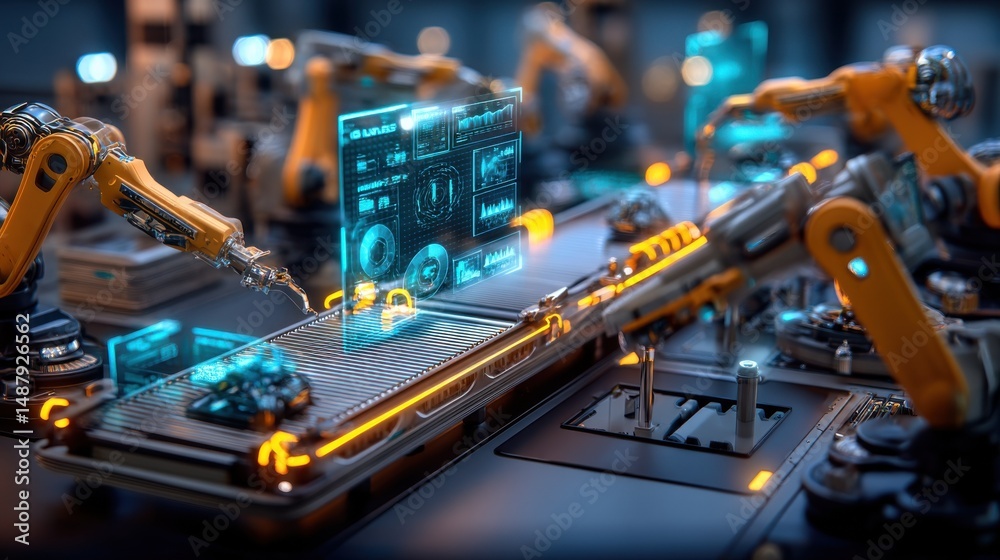 Poster Automated factory robotic arms with futuristic holographic interface display, showcasing advanced manufacturing technology and digital control systems. : Generative AI