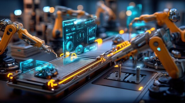 Automated factory robotic arms with futuristic holographic interface display, showcasing advanced manufacturing technology and digital control systems. : Generative AI