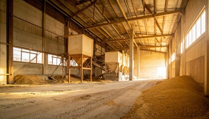 Messy Grain Silo Interior with Packing Stations at Golden Hour Light