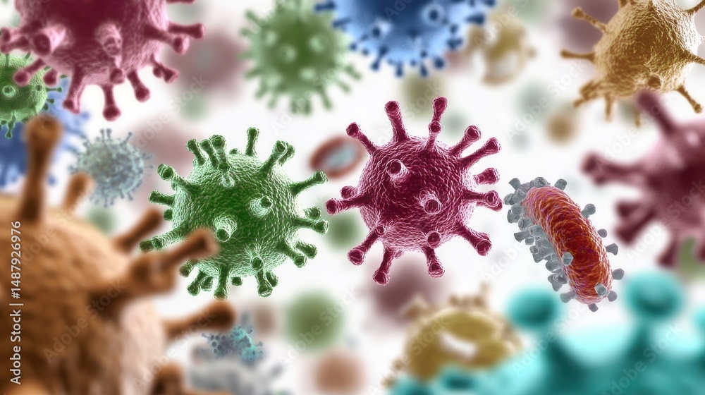 Poster microscopic view of various viruses and bacteria, showcasing diverse shapes, colors, and textures. d