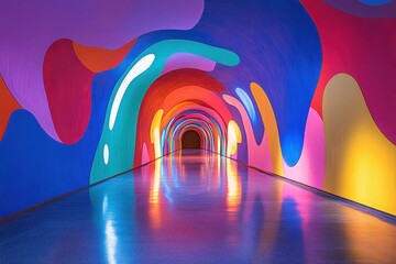 Abstract tunnel with bright colors, shiny floor, artistic design. This unique picture will add a creative touch to your project.