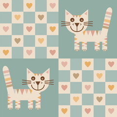Happy kitten with hearts and checks in muted boho grey blue earth tones for baby boys patchwork